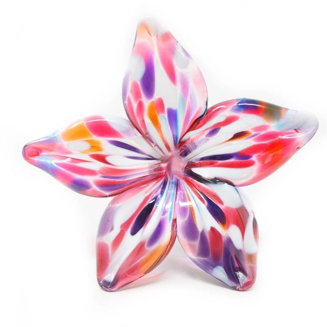 Five-petal glass flower in pink, violet, white and orange.